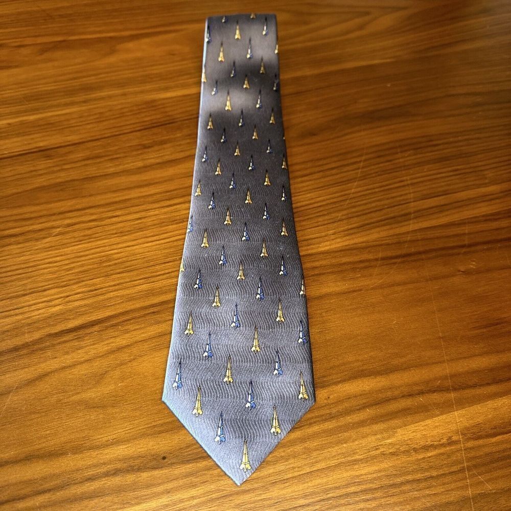Roger L. Paris Eiffel Tower Mens Tie Silk Patterned Silver Yellow Blue